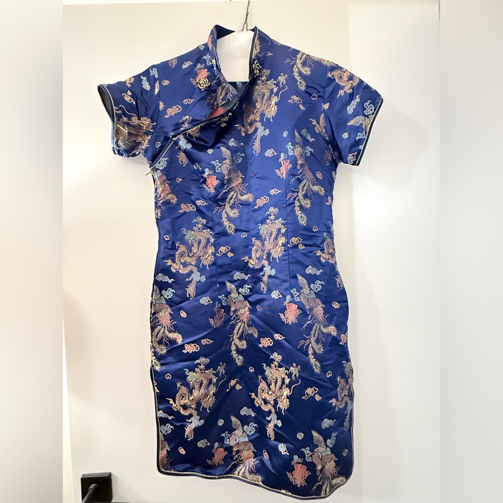 Navy Blue Satin Dragon-Print Qipao/Cheongsam Dress